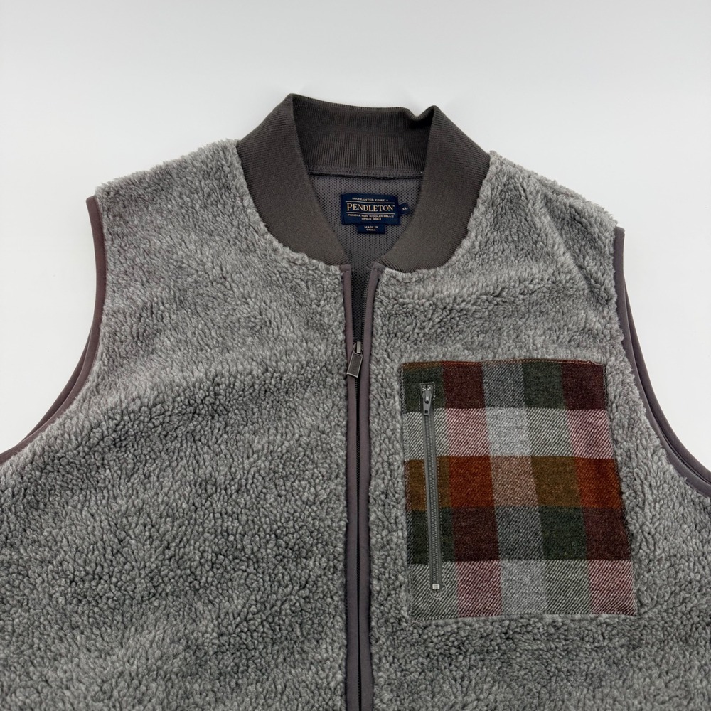 Pendleton Sherpa Fleece Vest Plaid Pocket Full Zip Outdoor Gorpcore XL Grey